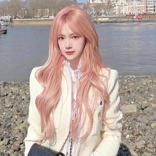 Xingcheng Internet Celebrated Grapefruit Pink Long Curly Hair Anchor Women's League European and American Wig Women's Long Hair Trendy Cool Color Full Head Cover Style