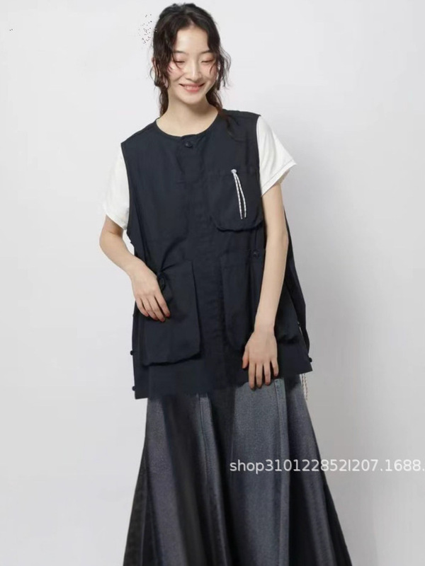 2025秋季新款日系niko中长款背心马夹女棉质多口袋宽松休闲工装马|undefined