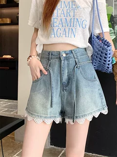 花边韩版热系带裤子显瘦高腰牛仔短裤拼接大码女装直筒小个子阔腿