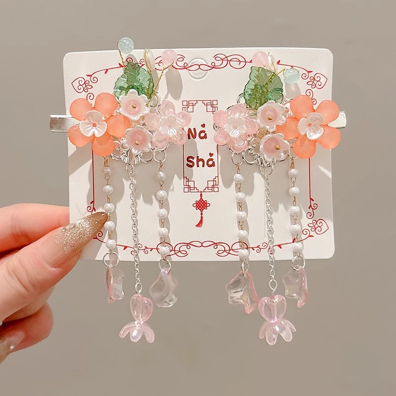 Niños flores de perlas para el cabello de mujeres estilo antiguo estilo Han toque de cabello de niña super inmortal estilo nacional tarjeta de cabello de niña pequeña para el cabello de clips