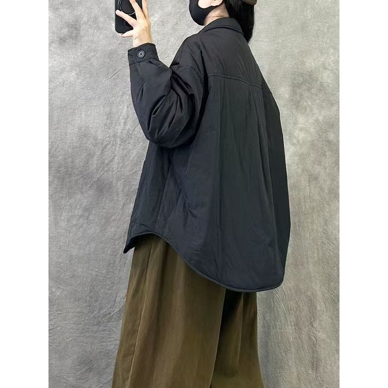 复古慵懒风轻薄棉衣女装秋冬季新款大码宽松显瘦纯色保暖棉服外套|undefined