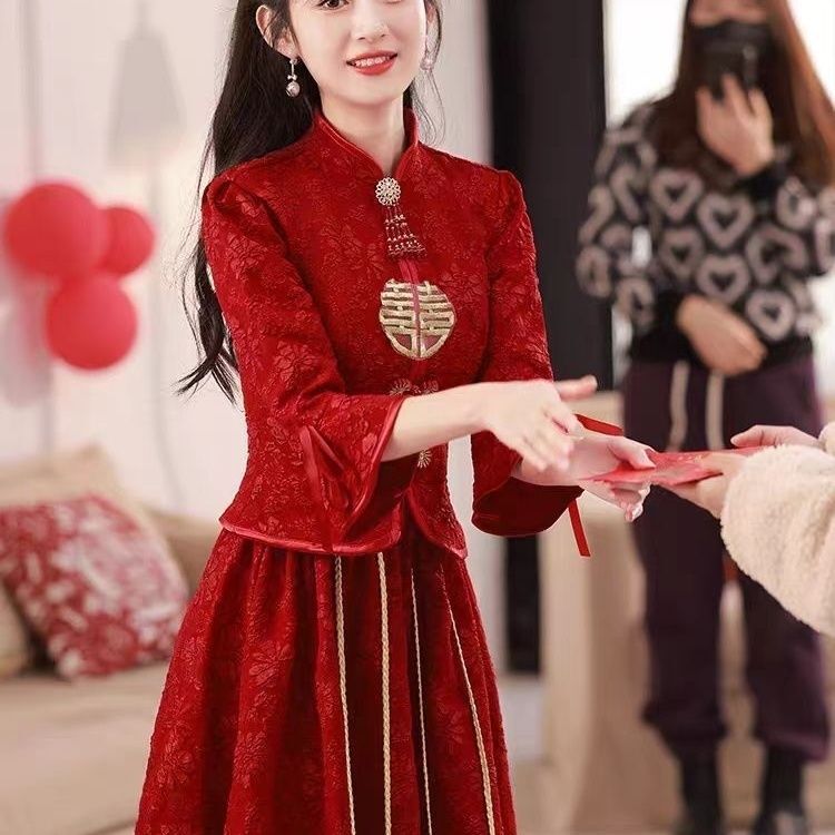 New Style Wedding Chinese-Style Toast Bride 2026 Burgundy Qipao Two-Piece Engagement Dress