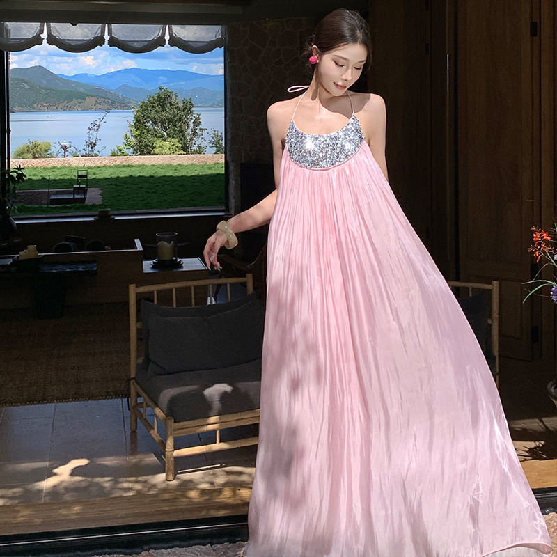 Birthday Party Holiday Style Pink Fairy Skirt Beaded Sequins Atmospheric Beautiful Beach Long Skirt Suspender Dress