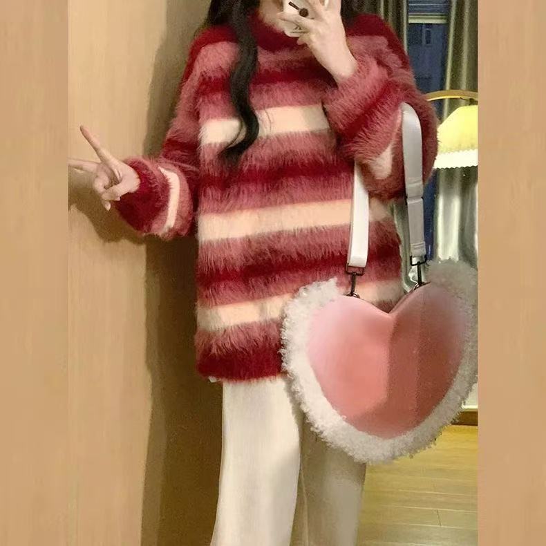 早秋撞色条纹红色毛衣女秋冬季2025新款慵懒针织打底内搭上衣春秋|undefined