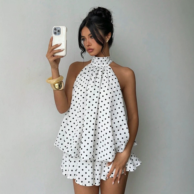 2026 Cross-Border European and American Sexy Puffy Dress with Halter Neck, Backless, Tie-Up Design, Elegant Style, Short Dress for Women