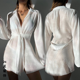 Spring and Summer New European and American Cross-border Beach Blouse Fashionable and Comfortable Sunscreen V-neck Loose Strap Beach Dress Women