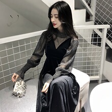 丝绒连衣裙网纱内搭春秋两件套女2025新款性感气质御姐时尚套装潮