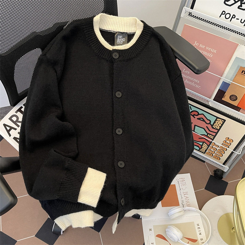 Otoño y invierno de costura falsa de dos piezas suéter cardigan masculino retro americano perezoso simple de alta sensación abrigo de punto suelto