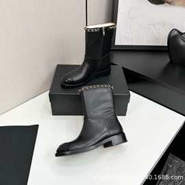 25新款小香风反绒牛皮拼色皮穿链中跟粗跟侧拉链中筒时装靴单靴女