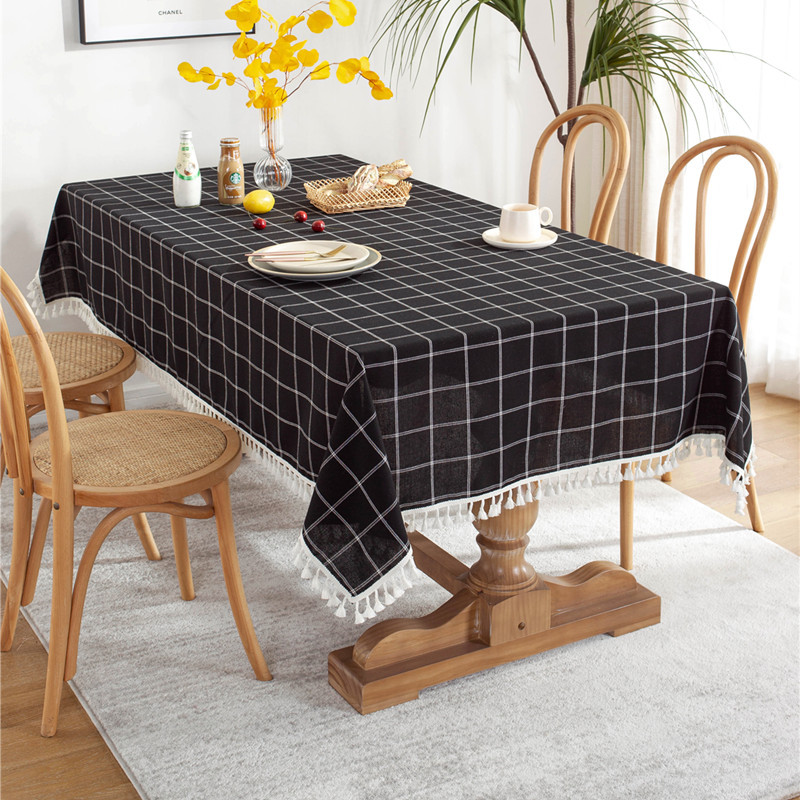 Cafe Double-line Plaid Cotton-polyester-linen Tassel Geometric Rectangular Dining And Coffee Table Tablecloth, Available_voghion.com