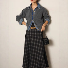 跨境出口日本乐天ins亚马逊外贸日韩宽松日系牛仔拼接翻领针织衫