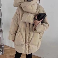 大码女装围巾羽绒服秋冬简约女百搭纯色保暖白鸭绒时尚外套潮防寒