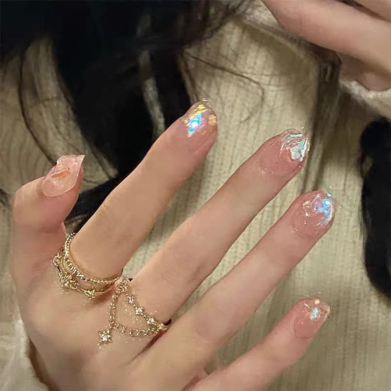 Wen Elf's Same Style Handmade Phototherapy Wearable Manicure Japanese Style Style Style Flashing Fantasy Flash Diamond Aurora Diamond Wearable Short Style