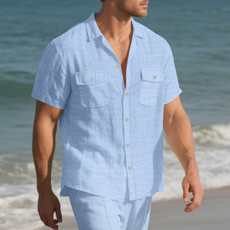 Chemise d'été à manches courtes pour homme, couleur unie, double poche, décontractée, pour les vacances_voghion.com
