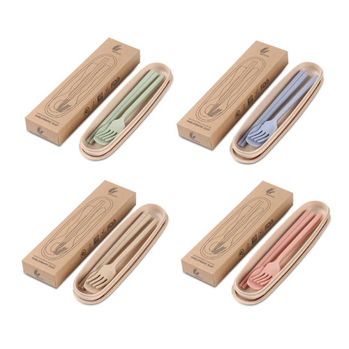Wheat Straw Tableware Set of Three, Foldable and Portable Cutlery Set, Knife, Fork, Spoon, Chopsticks Gift Set with Logo Printing Available