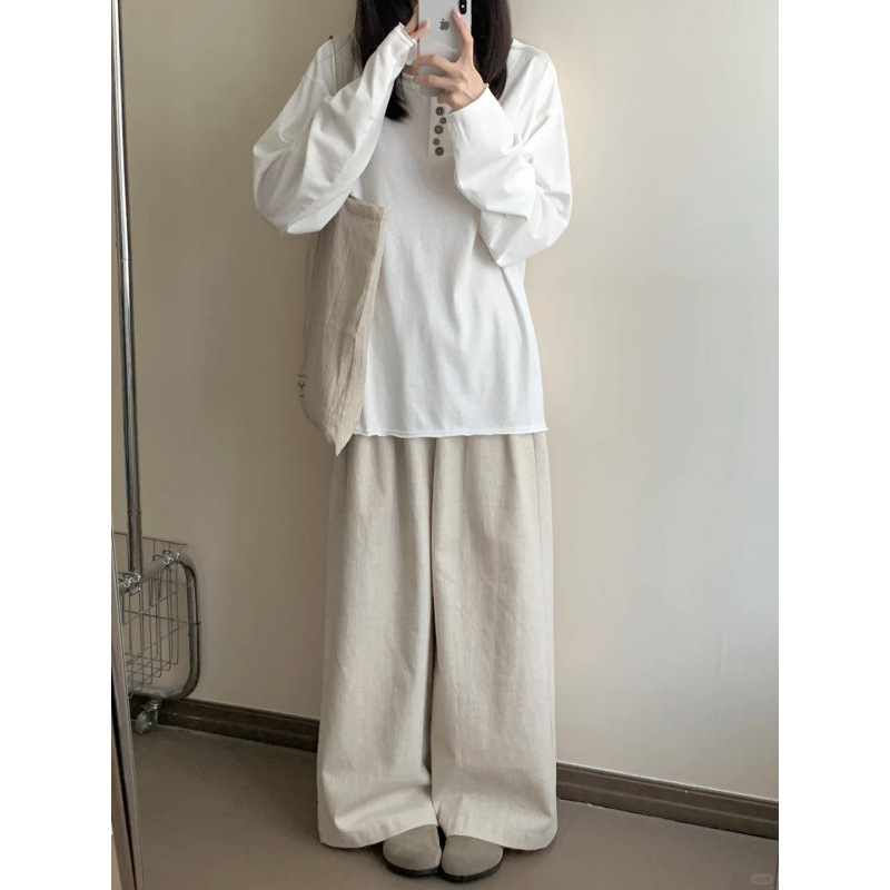 工厂直销批发 韩系白色纽扣长袖T恤女早秋宽松慵懒风松弛感罩衫上|undefined