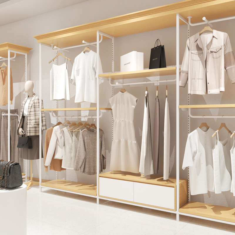 Tienda de ropa de las mujeres estante soporte de exhibición piso percha pared tienda de ropa estante percha madera maciza ropa rack