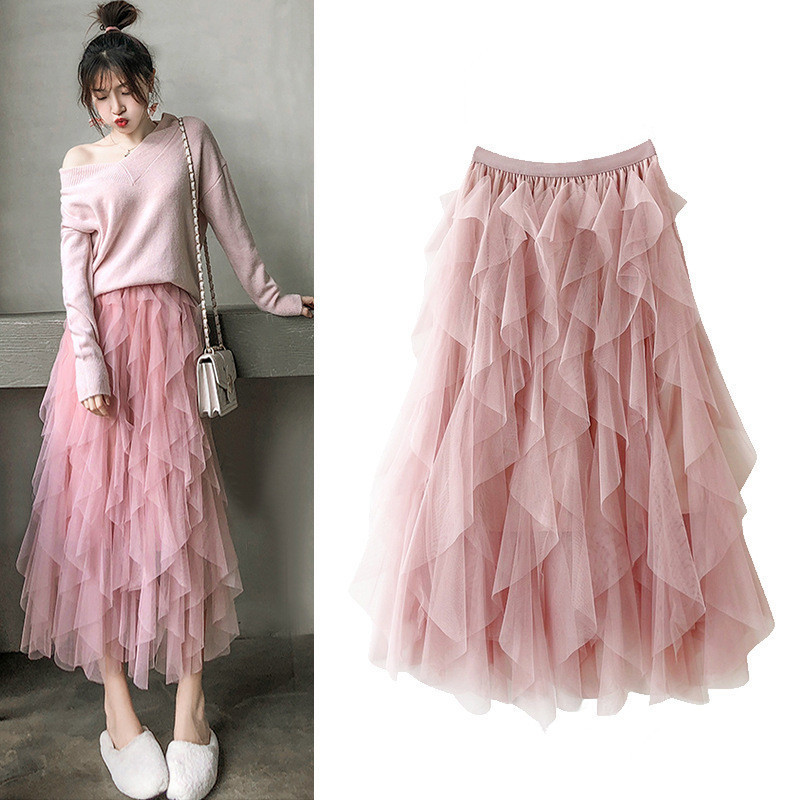 Tassel Flowing Mesh Skirt Women's Half Skirt 2026 New Style Pleated Mesh Puffy Cake Skirt Long Skirt Foreign Trade Style