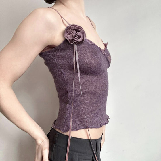 Summer 2025 Design Sense Three-dimensional Rose Decorative V-neck Sling Women's Lace Spliced Dense-edge Knitted Top