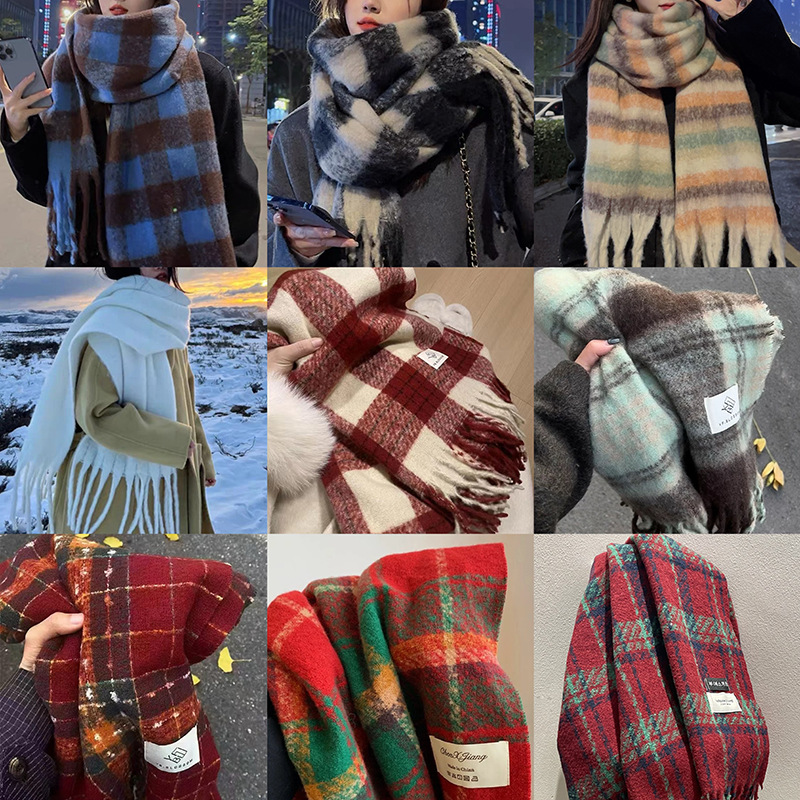 马海毛围巾韩系氛围感秋冬格子围巾仿羊绒保暖披肩情侣百搭围脖