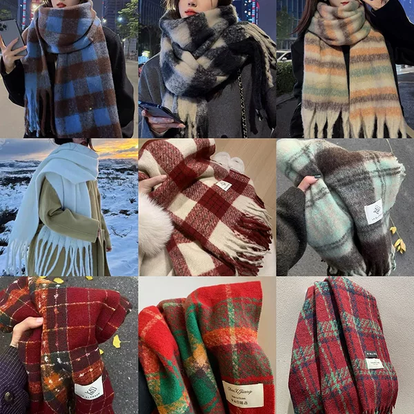 Women's Mohair Scarf, Korean Style, Light Luxury, High-End Feel, Autumn and Winter Plaid Faux Cashmere Warm Shawl, Versatile Couple's Neck Warmer