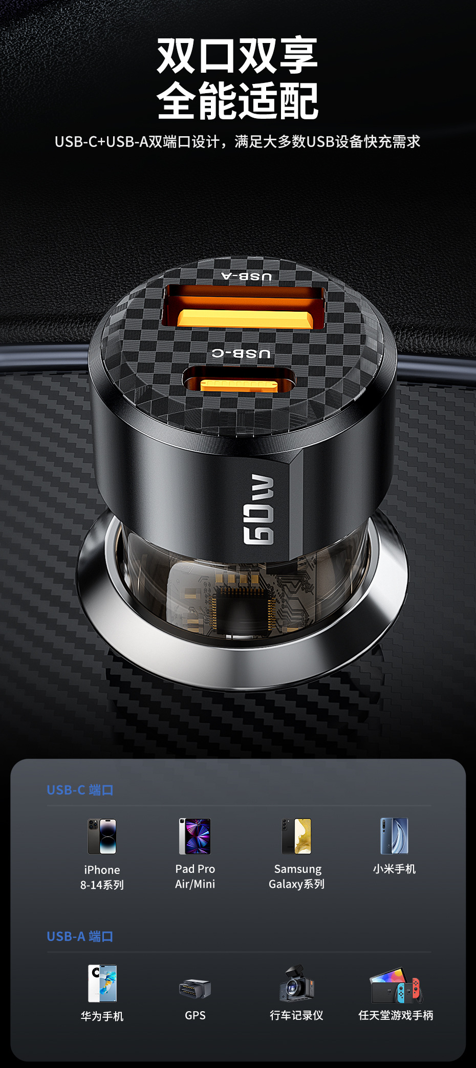 Toocki Linglong Series Transparent Black Tea 60W Dual Port A C Multi-Protocol Compatible Mini Super Fast Charger