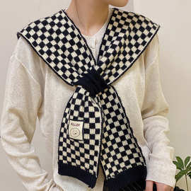 韩国东大门韩版格子交叉毛线披肩外搭女春夏围脖百搭针织围巾搭肩