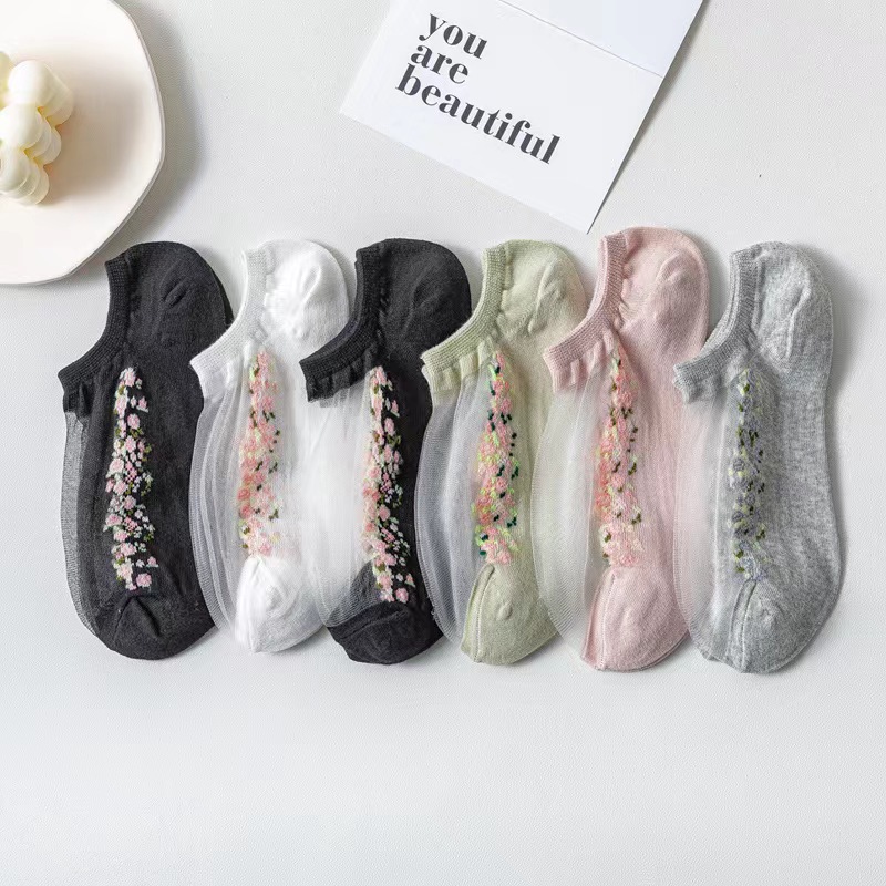Socks Women's Short Socks Invisible Socks Cass Silk Stockings Small Flower ins Trendy All-match Japanese Style Boat Socks Cotton Bottom Sweat-absorbent Summer Socks