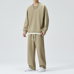 Autumn and Winter Thin Casual Sports Suit Men's Two-Piece Trendy Brand Two-Piece Pure Color Sweatpants Round Neck Sweatshirt