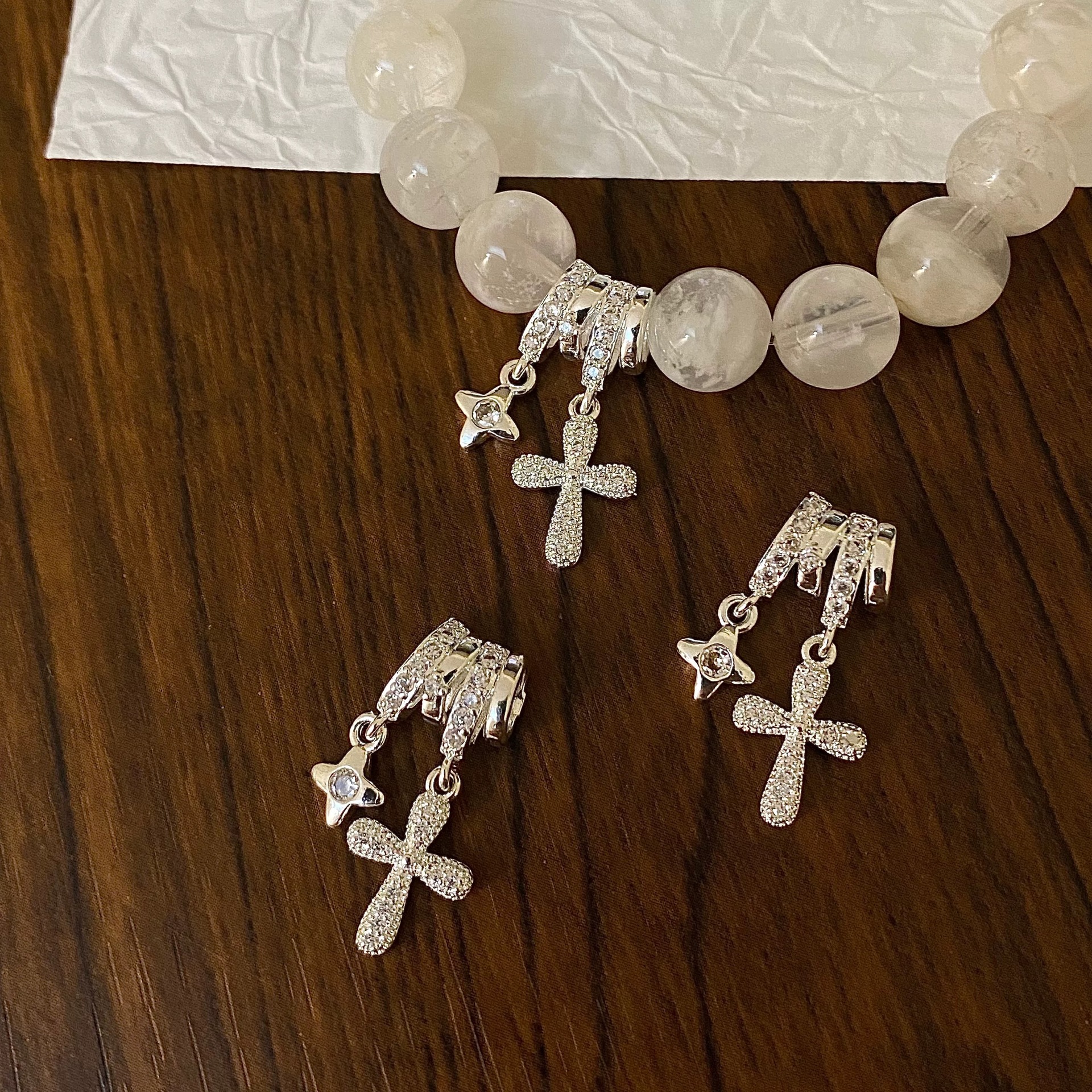 Full Diamond Cross Star Pendant Accessories, Large Hole for Side Hanging, DIY Crystal Bracelet Spacer Beads, Handmade Stringing