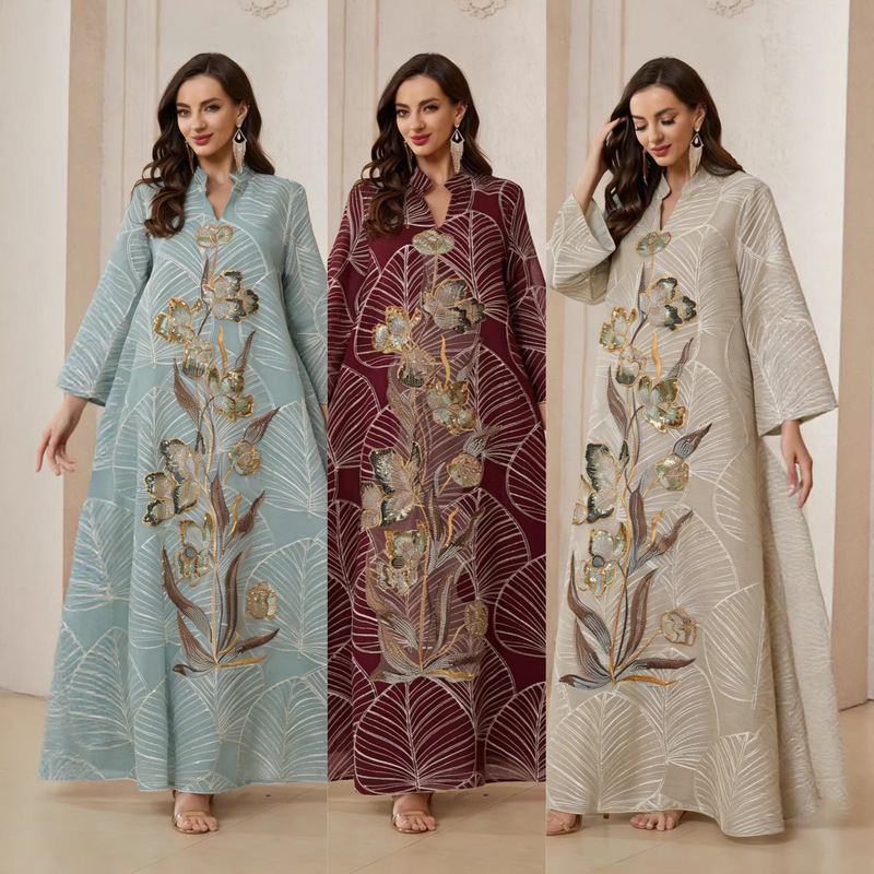 Nc132 New Mesh Embroidery Dress Muslim Robe Middle East Dubai Abaya Arabian Robe