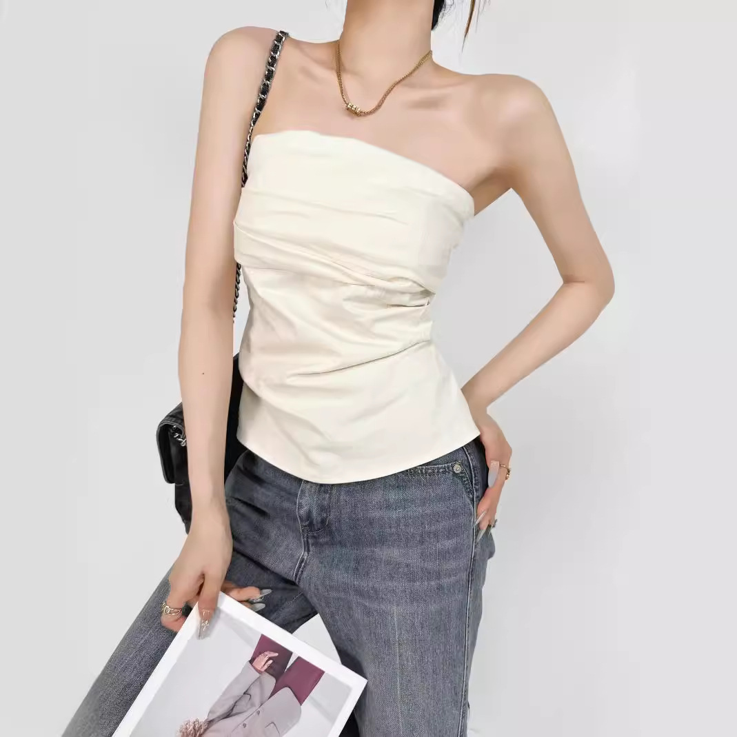 디자인 센스 어깨 주름 튜브 탑 여름 새로운 스타일 순수한 욕망 휴가 조끼 슬림 핏 슬리밍 스파이스 소녀 탑 여성