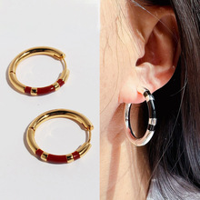 原创设计款小众高级黑色条纹珐琅釉圆圈耳环时髦新年红色耳圈624