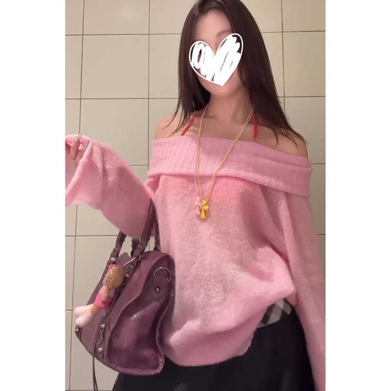2025秋季新款甜美软糯多巴胺露肩长袖套头针织衫毛衣女小个子上衣|undefined