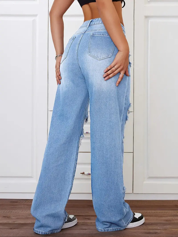 欧美跨境外贸破洞牛仔裤洗水高腰直筒百搭宽松牛仔长裤女 JEANS|undefined