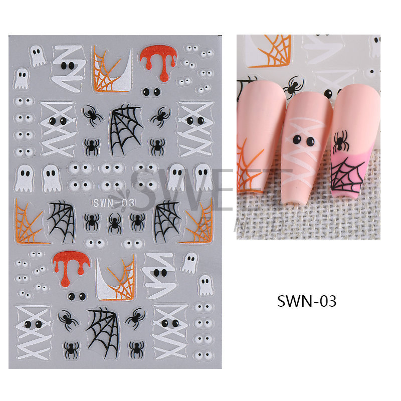 Nuevas pegatinas de uñas de Halloween al por mayor en relieve pájaro carpintero tridimensional rosa oscura calavera pegatinas de uñas transfronterizo