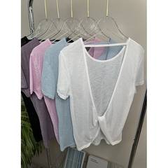 クロス背中ヨガブラウス網糸通気運動半袖竹節糸薄いtシャツ日焼け止め上着