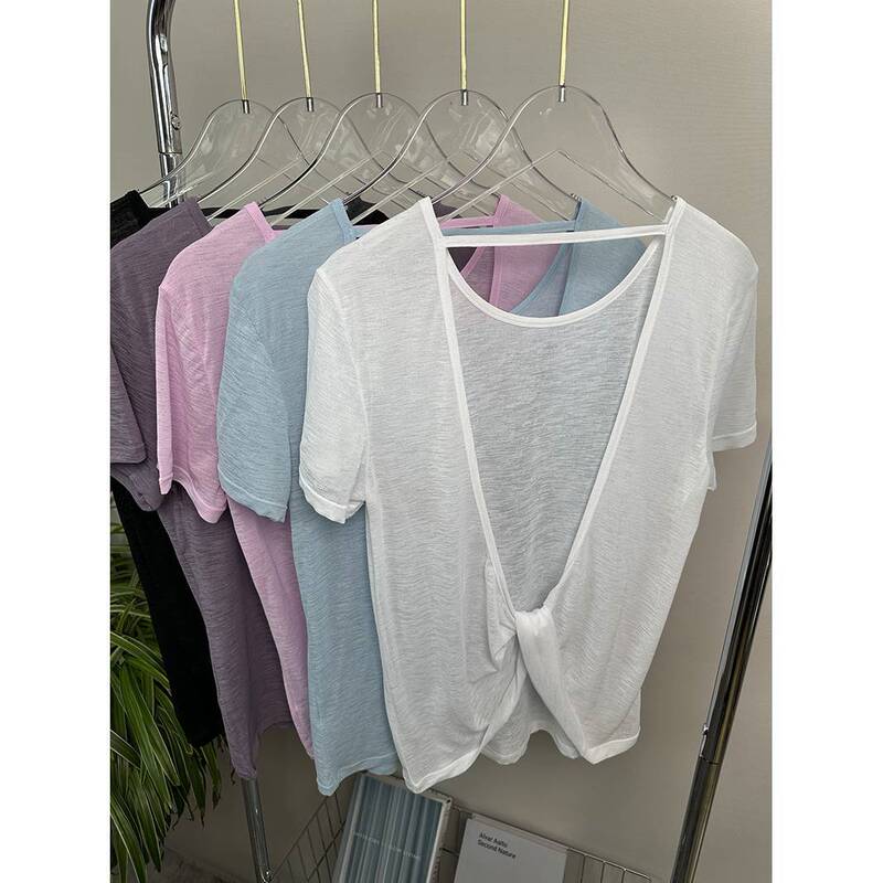 Cross Backless Yoga Blouse Mesh Breathable Sports Short-sleeved Slub Yarn Thin T-shirt Sunscreen Top