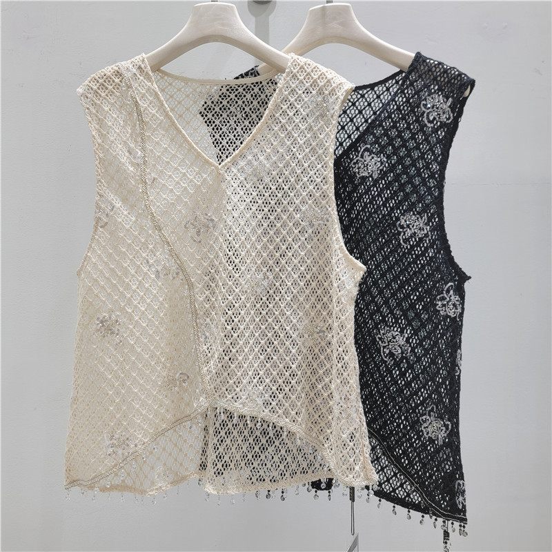 Temperamento exquisito chaleco bordado de viento chaleco elegante mujer cuello redondo sin mangas camiseta de encaje verano image 1