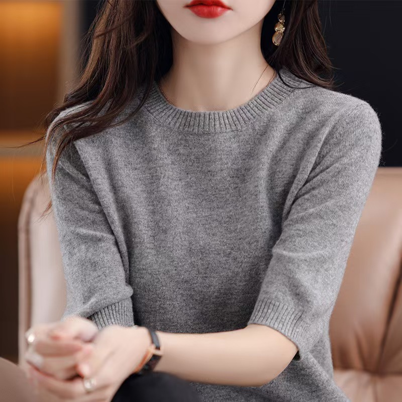 针织短袖薄款上衣女T恤2025春秋半袖羊毛打底衫圆领中袖宽松批发|undefined