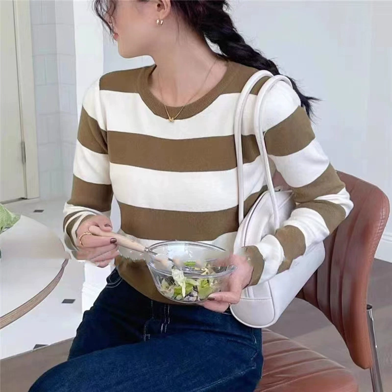 Полосатый универсальный вязаный топ с круглым вырезом для женщин, лето и осень 2025, новый элегантный короткий облегающий топ в корейском стиле с длинными рукавами