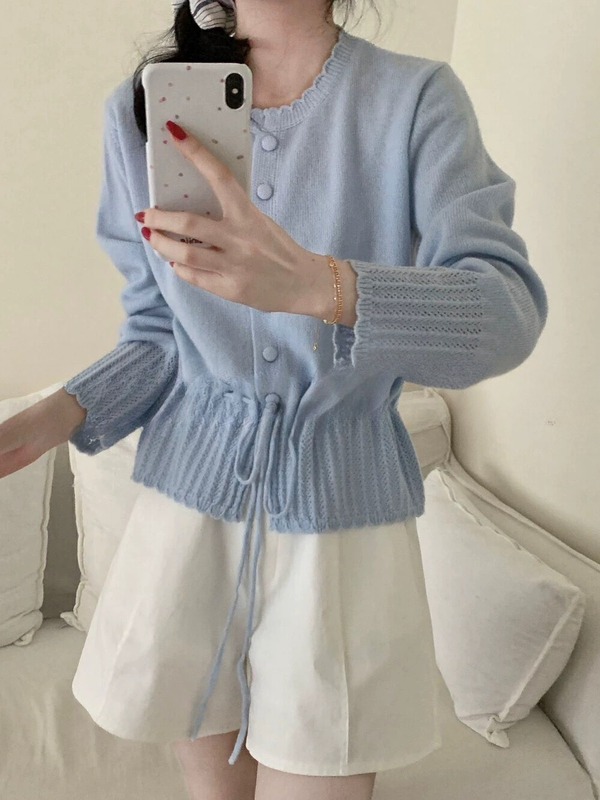韩系下摆花边拼接毛衣女设计感收腰抽绳针织开衫小个子短款上衣女|undefined