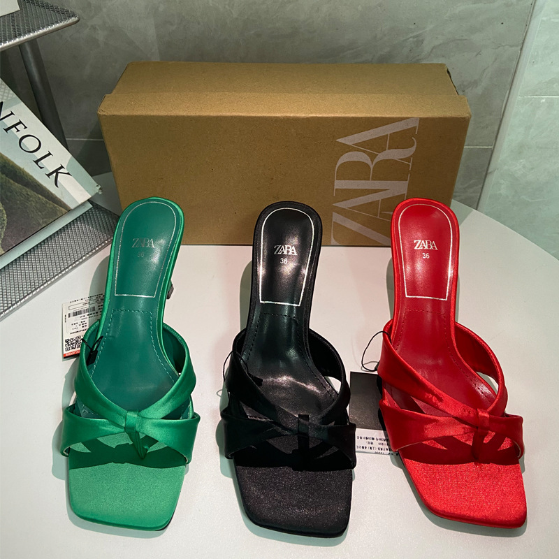 ZA Autumn New 2022 Square Toe High Heel Cross Bow Ornament Shallow Stiletto Heel Back Empty Heel Clip Toe Sandals for Women