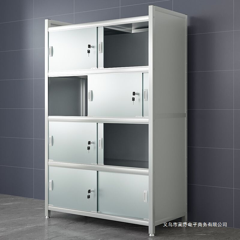 Stainless steel kitchen storage rack with doors, fully enclosed storage cabinet with lock, sliding doors, thickened floor-standing cabinet with back panel