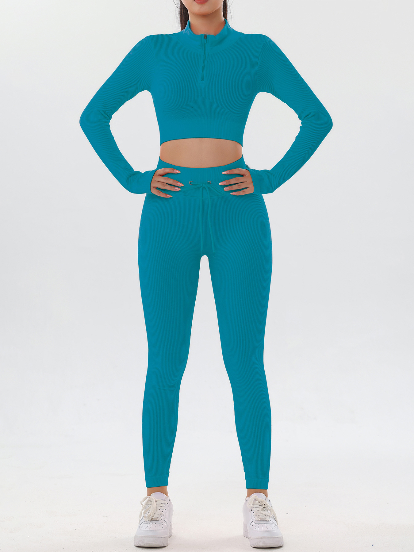 Traje de yoga con cordón de hilo Otoño e Invierno alto elástico Levantamiento de cadera fitness ropa de yoga ropa exterior deportes pantalones de manga larga traje de dos piezas