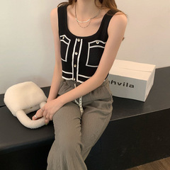 批發夏季單排扣無袖露臍3D假口袋撞色針織吊帶衫超短款小背心