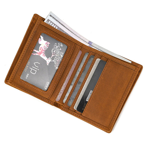 Men's retro genuine leather wallet, crazy horse leather vertical wallet, first layer cowhide, multi-card slot coin purse, card holder