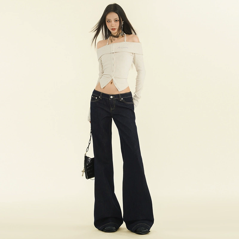 Dark blue retro jeans, demi-season trousers, loose fit