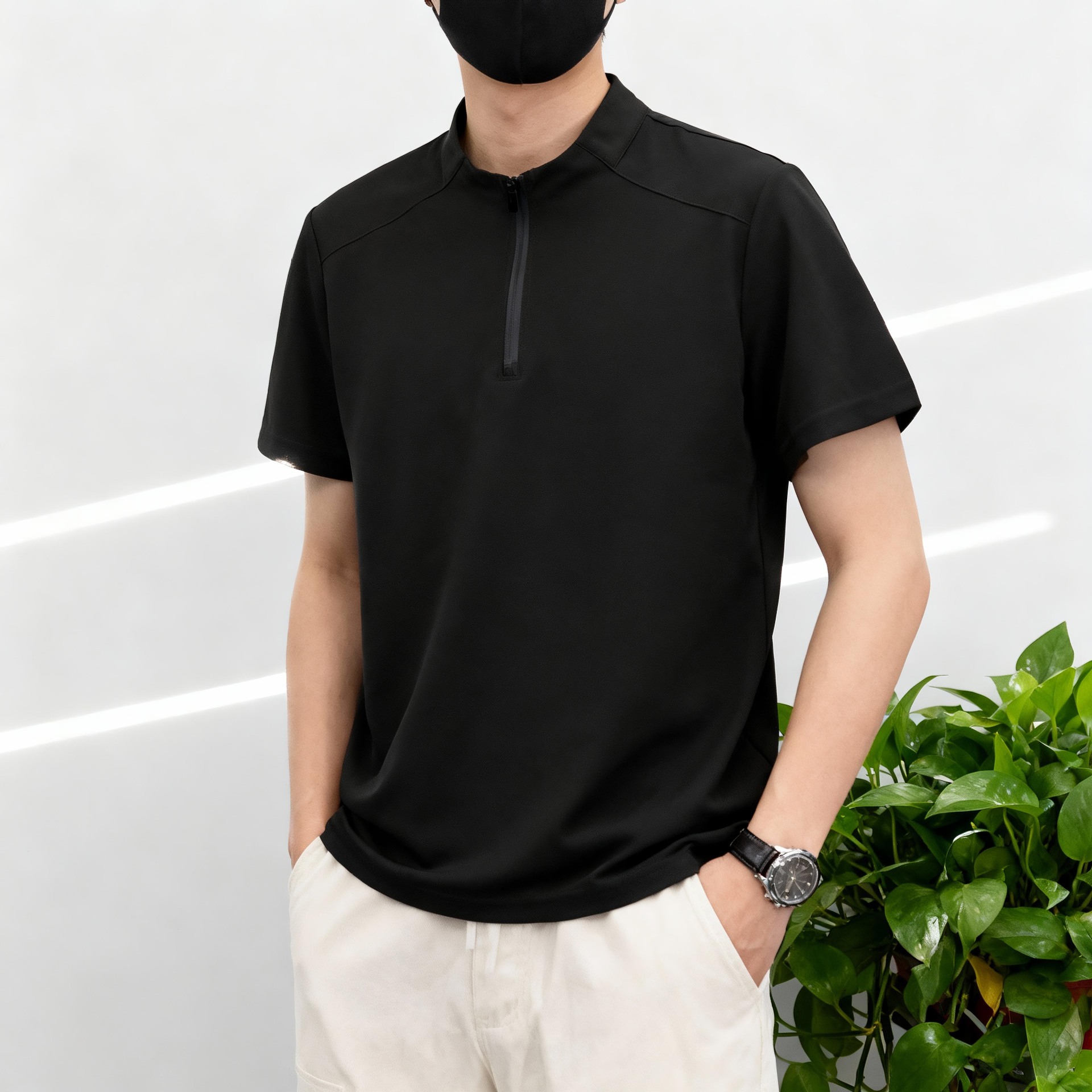 Transfronterizos al aire libre para hombres secado rápido camiseta de manga corta para hombres 2026 verano delgado cuello medio cremallera camiseta casual transpirable