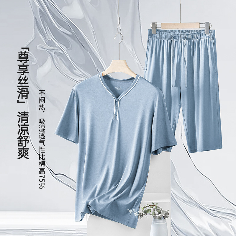 [Mismo estilo en el mostrador] Conjunto de pijamas de hombre de primavera y verano de modal de doble cara de 80 unidades, pantalones cortos finos de manga corta, ropa para el hogar